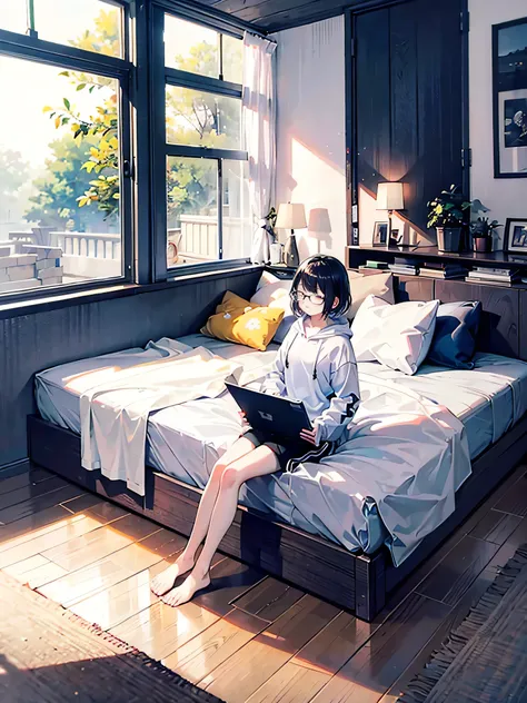 1girl, short hair, wearing white hoodie and black shorts, inside the bedroom, in the bed, sitting, sleepy expression, morning, there are few books inside the room, a dresser with glasses, alarm and some plants on pot on top of the dresser, wooden floor, so...