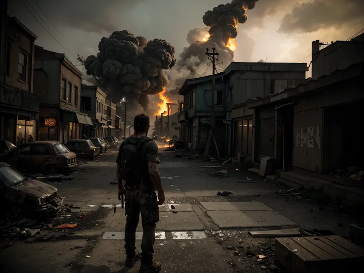 "Back view of a rugged and dirty man with a sturdy build, carrying a backpack, standing in the left corner of the image. He holds a blood-stained baseball bat in his hand, looking at a chaotic, deserted community after a zombie outbreak. In the distance, 3...