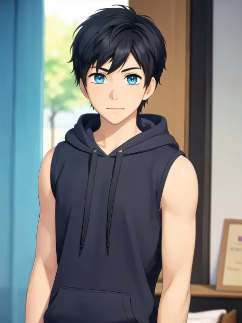 masterpiece, best quality, , 1boy, solo, male focus, looking at viewer, upper body, , arata_kaizaki, black hair, blue eyes, Sleeveless hoodie