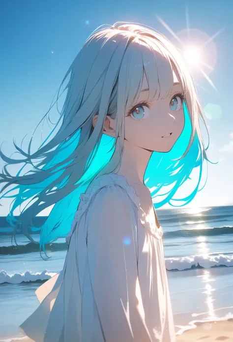 Angelic, One Girl, (Straight Hair,Inner Color), Sharp Hair, Facial Contour, Remember, , At the Beach, splash, Lens flare, noon, bright, Natural Color, High resolution, Very delicate, Very detailed, 8k