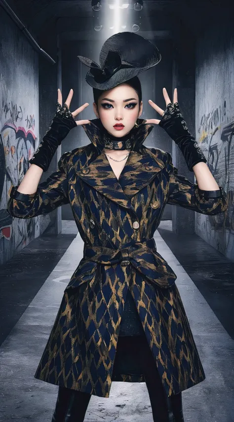 (best quality, ultra-detailed, photorealistic), A striking photorealistic photo of an Asian fashion model, posing in an avant-garde style. She exudes confidence and elegance in her edgy outfit, which includes a bold patterned coat, fingerless gloves, and a...