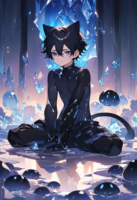 Boys，Little male cat，boys，Has a tail，charming，Thin，struggle，eternal，Crystalline，Black slime，Hands turned into Black slime，illumination，charming，boy，Black crystal feet，Wear Tight Fit Clothes，Full body portrait，Smooth，Full body tight fit，Thin，Light black gel...