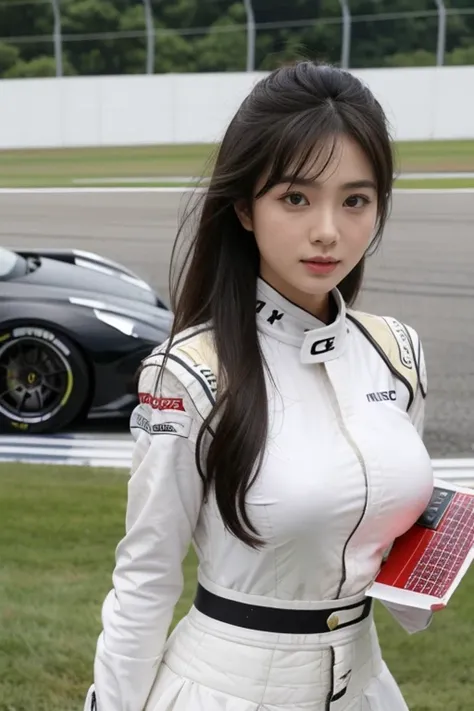 best quality, masterpiece, beautiful Japanese woman, (((race queen, grid girl))), (huge breasts), ((racing circuit)),