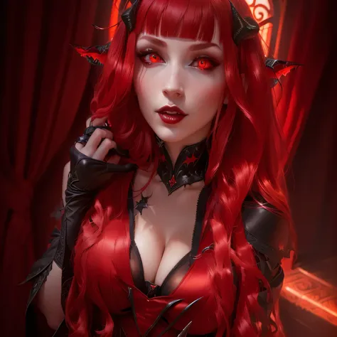 Arafedka with red hair and horns poses for a photo, succubus | medieval, with long hair and piercing eyes, with horns, beautiful succubus, succubus in tight short dress, succubus in sundress portrait, horns and red eyes, with long red hair, crimson-red hai...