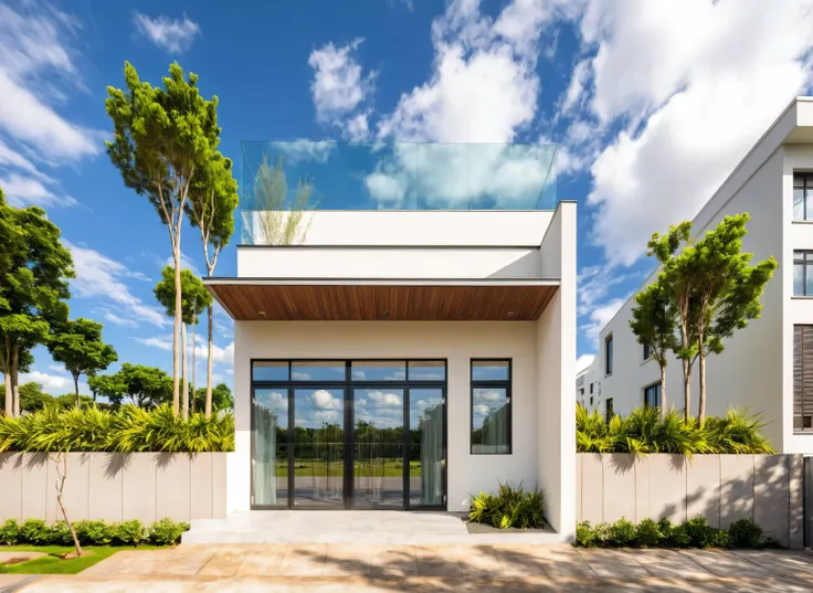 Masterpiece, high quality, best quality, authentic, super detail, outdoors, house style modern,bietthuhn, white wall, glass windows, gate road,pavement, grass, trees,blue sky, cloud, (day:1.1), realistic lighting