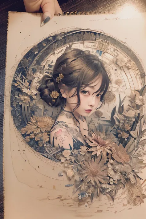 ((((masterpiece))), tattoo、Highest quality, An illustration, Beautiful details shine,
paper_cut, The details of a fragile girl&#39;s face captured on camera, wood, moon, butterfly,Wind、star、spider、Ladybug、centipede