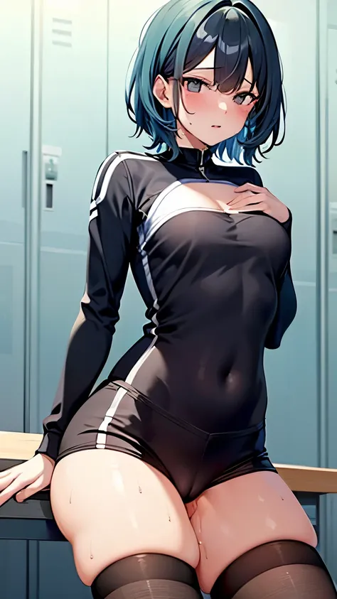 Features{neutral,short hair,Eye color(right eye:green,left eye:blue),Light blue hair,One Girl,Shaved},
clothing{Volleyball Uniforms,stockings(black,Low denier), I can see your chest},
Posture{Showing off pussyように},
situation{On a chair,Blushing,Sweaty skin...