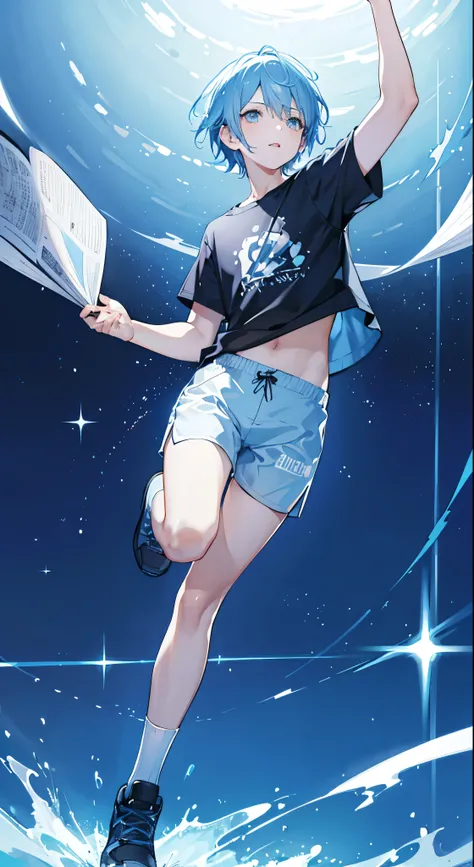 boy, transparent, Jumping, Light blue, Shorts, short hair, sparkle, cinematic lighting, UHD, high details, best quality, highres, 8k