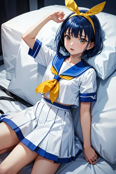 Asuka Honda、明日香、ASKA120%、Blue Hair、Bobcut、Yellow ribbon on the head、White Sailor Suit、A large yellow ribbon on the chest、Blue Skirt、Defeated、Disheveled Sailor Uniform、Torn sailor suit、Torn Skirt、Scared、Scared、Explosive Chemicals（（（ＳＦＷ、sound、Highest quality...