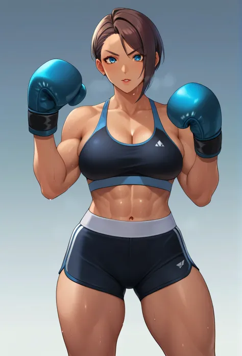 1girl, sports bra, boxing gloves, sweating