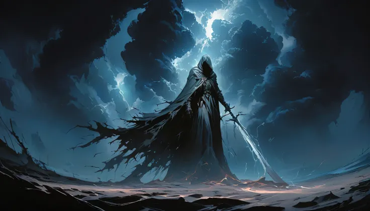 (masterpiece, best quality:1.2), Death in the Storm，cloak，Holding a white sickle，moonlight，heavily clouded，Thunder and lightning， Dark fantasy illustration style , Dark Arts, High contrast, Dark Shadows, Atmospheric perspective, Melancholic colors, Thin Fi...