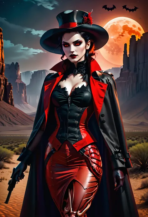 (Victorian photograph style: 1.5) picture of a female vampire cowboy in the desert night, a goth beauty, exquisite beautiful female vampire, ((anatomically correct: 1.5), (ultra detailed face: 1.2), best detailed face, red glowing eyes, full body, busty, w...