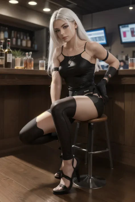 armlet, bare shoulders, black gloves, black shorts, bracelet, chain, collarbone, elbow gloves, full body, white hair, long hair,...