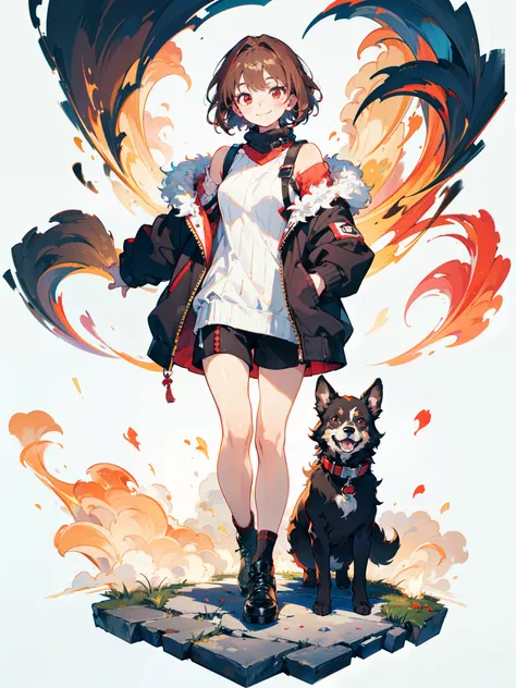 white background, full body, standing,charaSF,smile, 1girl, solo, short hair, brown hair, red eyes, collar, black jacket, off shoulder, fur trim, red sweater, ribbed sweater, turtleneck, shoulder cutout, long sleeves, black shorts, blush sticker,dog collar...