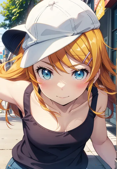 kirinokousaka, kirino kousaka, long hair, blue eyes, hair ornaments, hair clip, orange hair, aqua eye,baseball hats,tank top,sho...