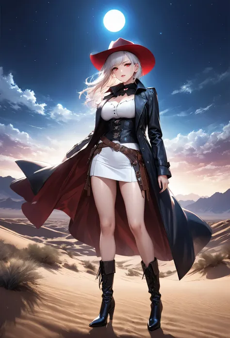(wild west black and white 19th century photograph style: 1.5) picture of a female vampire cowboy in the desert night, a goth beauty, exquisite beautiful female vampire, ((anatomically correct: 1.5), (ultra detailed face: 1.2), best detailed face, red glow...