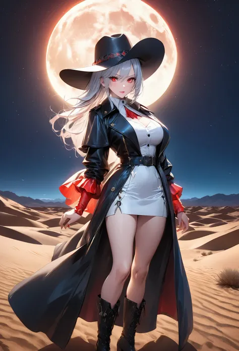 (black and white 19th century photograph style: 1.5) picture of a female vampire cowboy in the desert night, a goth beauty, exquisite beautiful female vampire, ((anatomically correct: 1.5), (ultra detailed face: 1.2), best detailed face, red glowing eyes, ...