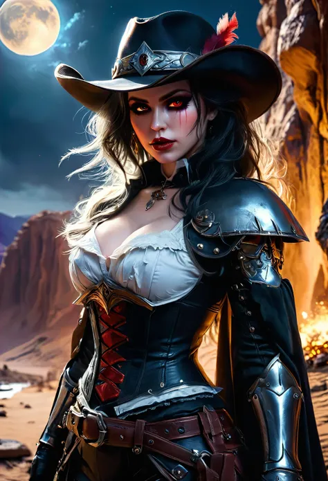 (Victorian photograph style: 1.5) picture of a female vampire cowboy in the desert night, a goth beauty, exquisite beautiful female vampire, ((anatomically correct: 1.5), (ultra detailed face: 1.2), best detailed face, red glowing eyes, full body, busty, w...