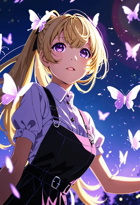 one，Sing，Purple hue overall，blonde，Bangs between the eyes, Long double ponytail，Purple Eyes，Beautiful eyes，
Pure black skirt，Suspender Skirt，There are butterflies flying around，Side of the character, German-style tilt lens, lens flare, Light Effect, 