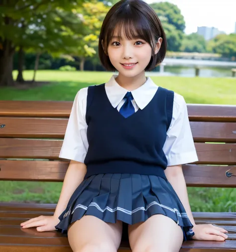Highest quality、masterpiece、Ultra-high resolution、Professional Lighting、Clear photos、Realistic、(Very cute girl、beautiful girl、The cutest Yoda Yuki)、slender、Small breasts、Very short bob cut、Smile、(Schoolgirl in uniform、Elaborate Uniforms、Navy blue pleated s...