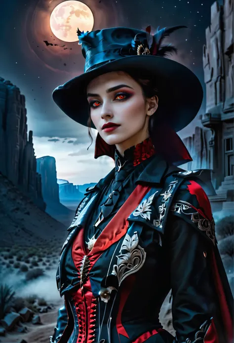 (Victorian photograph style: 1.5) picture of a female vampire cowboy in the desert night, a goth beauty, exquisite beautiful female vampire, ((anatomically correct: 1.5), (ultra detailed face: 1.2), best detailed face, red glowing eyes, full body, busty, w...