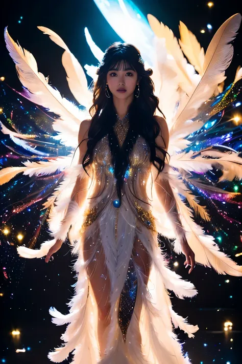 (Extra Detail Art), 8k ,Fashion Model、Natural standing posture、Full body portrait、Beautiful Face、Beautiful hairstyle、beautiful  goddess,softly illuminated、Flowing feathers,Fluorescent translucent clothing,Standing in the space between celestial bodies,Blac...