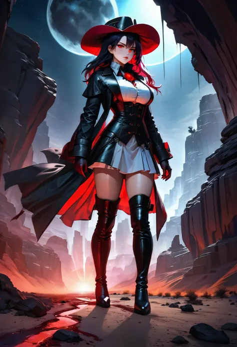 (19th century photograph style: 1.5) picture of a female vampire cowboy in the desert night, a goth beauty, exquisite beautiful female vampire, ((anatomically correct: 1.5), (ultra detailed face: 1.2), best detailed face, red glowing eyes, full body, busty...