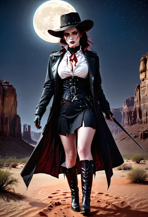 (19th century photograph style: 1.5) picture of a female vampire cowboy in the desert night, a goth beauty, exquisite beautiful female vampire, ((anatomically correct: 1.5), (ultra detailed face: 1.2), best detailed face, red glowing eyes, full body, busty...