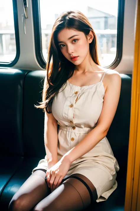 (masterpiece, Highest quality, 8k, RAW Photos, beautifully、beautiful:1.2),  Intricate details, indirect lighting, Realistic,
whole body, Sitting on a chair on the train、Gazing at the audience、Voyeur、
 Square neck button-down linen sundress, (Ultra-realisti...