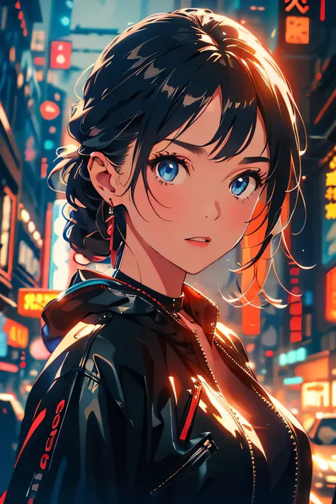 beautiful detailed girl, extremely detailed eyes and face, beautiful detailed eyes, long eyelashes, detailed portrait, 1girl, cinematic lighting, neon city, standing on the street, cyberpunk, neon colors, futuristic, ultrarealistic, 8k, highly detailed, ph...