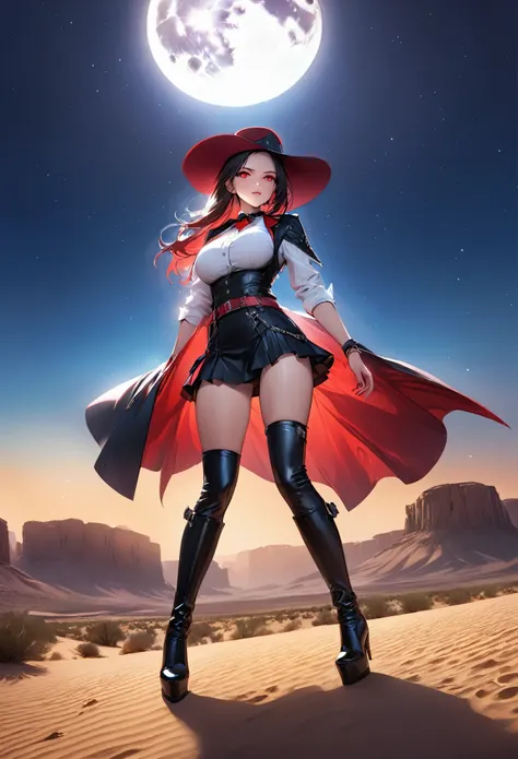 a picture of a female vampire cowboy in the desert night, a goth beauty, exquisite beautiful female vampire, ((anatomically corr...