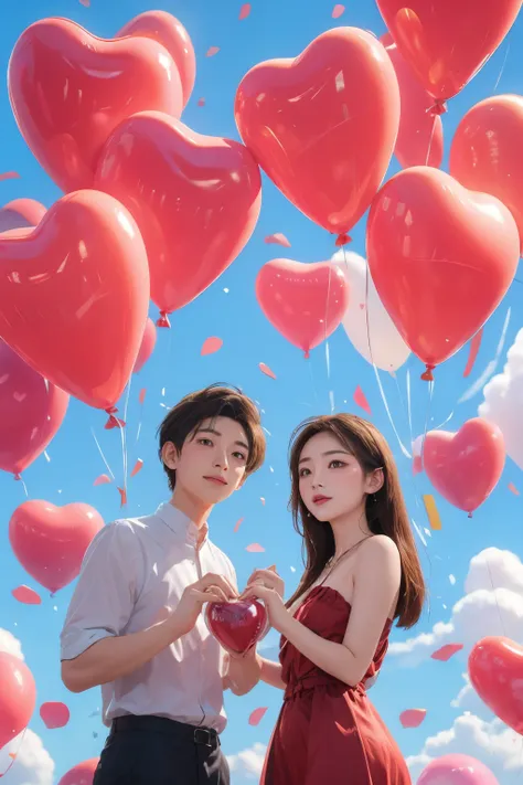 1 boy and 1 girl,couple,heart,hands duo,flower,clouds,bubbles,rose flower,balloons,clouds,sky,