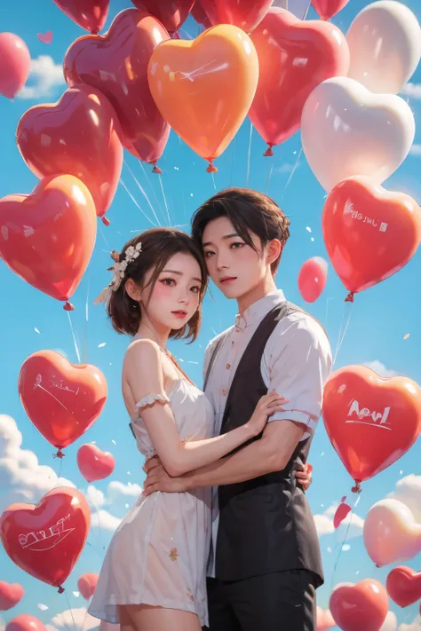 1 boy and 1 girl,couple,heart,hands duo,flower,clouds,bubbles,rose flower,balloons,clouds,sky,legwear，hanfu，