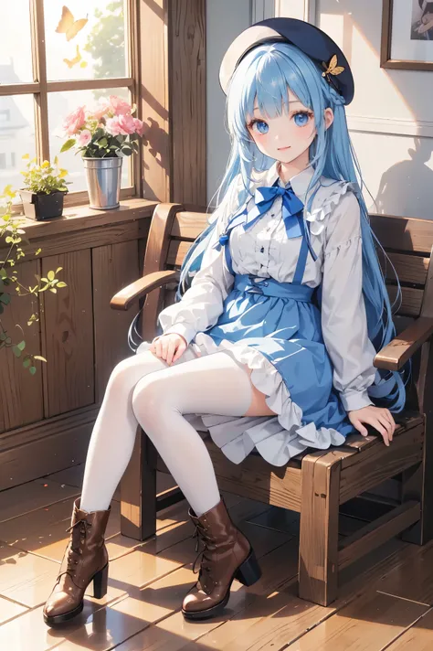  , 1girl, boots, white pantyhose, blue eyes, pantyhose, solo, hat, bangs, kamisato ayaka, sitting, long sleeves, braid, dress, looking at viewer, blue hair, blunt bangs, brown footwear, smile, flower, hair ornament, bug, butterfly, bow, frills, blue dress,...