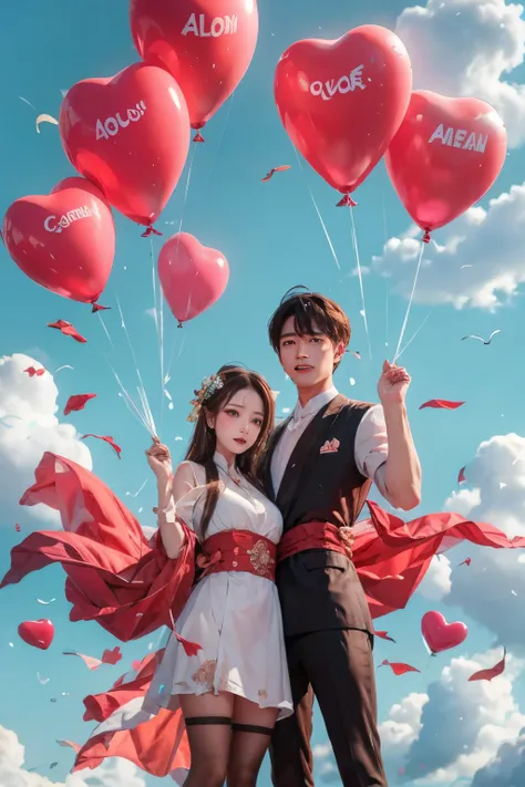 1 boy and 1 girl,couple,heart,hands duo,flower,clouds,bubbles,rose flower,balloons,clouds,sky,legwear,Hanfu,