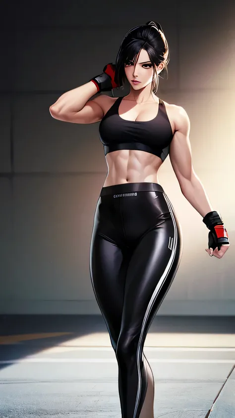 1 girl, 23 years old, long black hair, handsome face, sports bra, toned,muscular,long black pants, boxing gloves, high quality, masterpiece