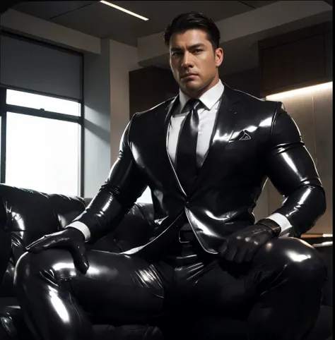 30 years old, The young daddy, very handsome, wear "shiny, tight-fitting body suit", wear white shirt, very glossy pants, necktie, waistcoat, shiny satin trousers, wear leather belts, dark gray satin fabric ,Dad sit back against the chair and spread your l...