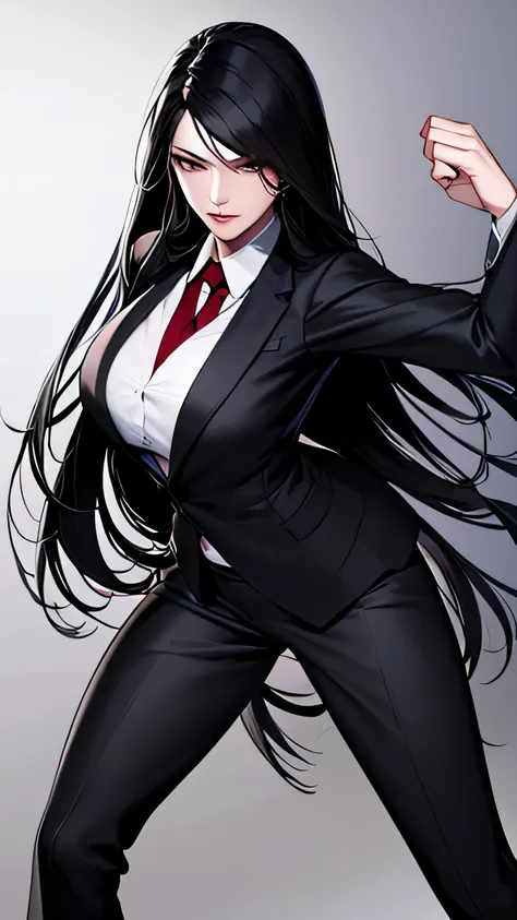 1 girl, 23 years old, long black hair, handsome face, business suit, red tie,long black pants, black leather gloves, boxing stance, punching,high quality, masterpiece