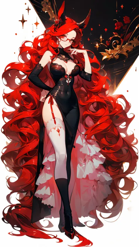 ((masterpiece, best quality)), Delicate face，Bunny Girl，Full body painting，Perfect body proportions，((Long wavy hair)), ((Half of her hair is red，The other half is black，Available in two colors))，beautiful eyes，Fantasy style，White background，transparent，Se...