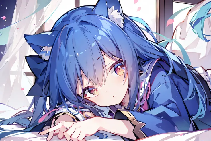 （masterpiece：1.2），Super detailed，lifelike，Expressive eyes，fair skin，perfect face shape，1 girl，
Japanese comics,Gorgeous blue hair,flowing blue hair,flowing clothes,Cat ears,Petals fall,beautiful lola,Baby Angel,
Shaking head with one hand，Cross your legs，G...