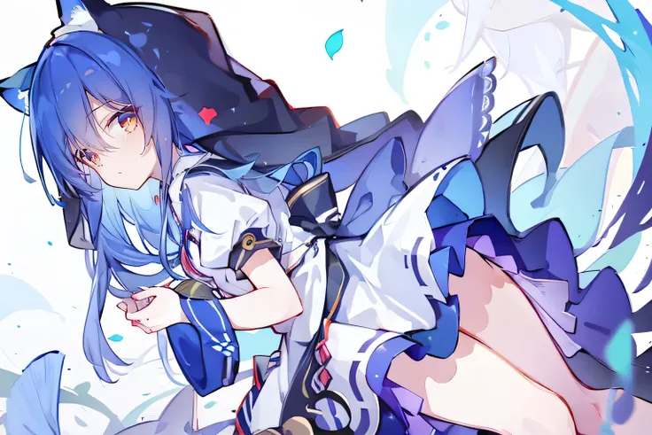 (masterpiece:1.2),Extremely detailed,Practical,expressive eyes,Fair skin,Perfect face shaping,1 Girl,
Japanese cartoons,Gorgeous blue hair, the long flowing blue hair,Floating clothes,Cat ears,Petals fall,beautiful lola,Young Angel,
Place your hands on you...