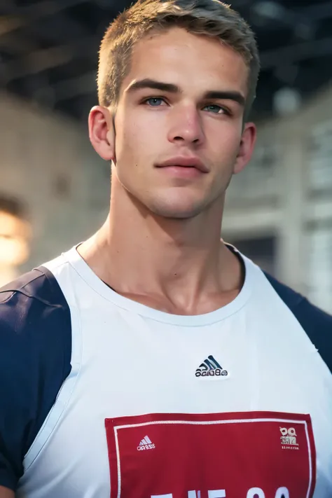 ((masterpiece)), ((best quality:1.2)), High Resolution, 8k, (ultra_realistic:1.3), (photorealistic:1.4), (instagram model, handsome:1.2), sharp focus, a close up shot of (mitchellslaggertkm), model pose, wearing basketball jersey, inside a stadium, playing...