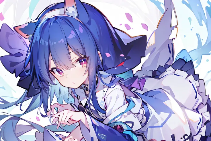 (masterpiece:1.2),Extremely detailed,Practical,expressive eyes,Fair skin,Perfect face shaping,1 Girl,
Japanese cartoons,Gorgeous blue hair, the long flowing blue hair,Floating clothes,Cat ears,Petals fall,beautiful lola,Young Angel,
Place your hands on you...