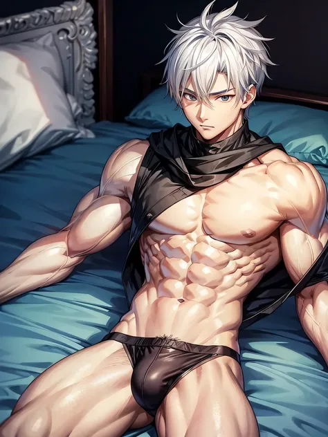 Anime guy about 16 without outerwear. Muscular with 6-pack abs and back. With white hair. Lying on the bed. 