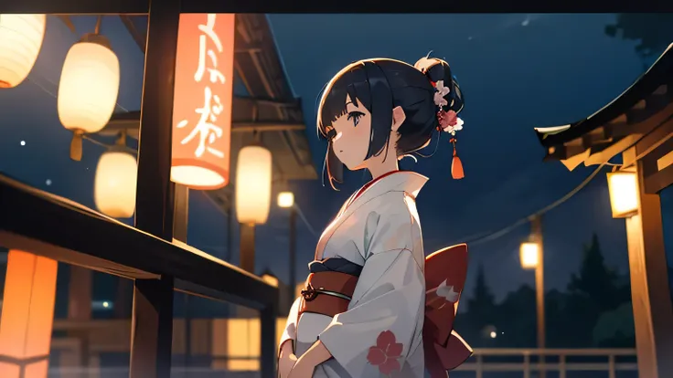 summer night, kimono, japanese girl is looking milkeyway sky with cat