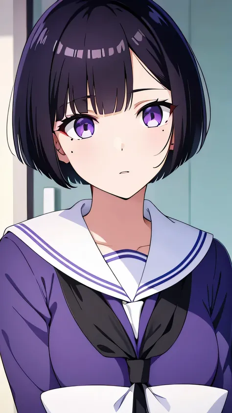 Black hair, short bob (with bangs), mole under left eye, eye color (purple), full body, sailor uniform