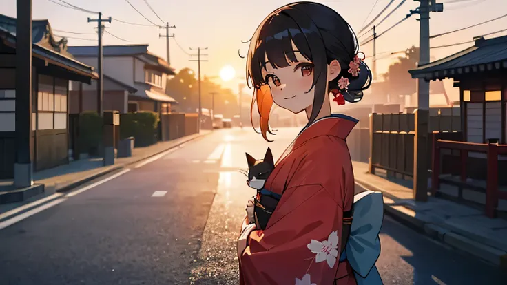 summer, sunset, japan street, kimono, smile japanese girl with cat