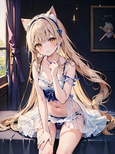 (((Tabletop: 1.5, Highest quality, High resolution: 1.3, Super Resolution, Very detailed, Ultra-detailed:1.3, Rich background:1.2))), alone, girl, shiina mahiru, Yellow Eyes, Floating Hair, Very long hair, Blunt bangs, Cute hairpin, shock, White Lingerie, ...