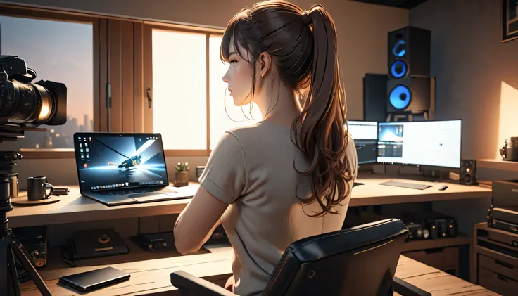 3d character streaming, streaming setup, character back view, detailed character, high quality 3d render, cinematic lighting, studio lighting, photorealistic, 8k, highres, best quality, masterpiece, extremely detailed, realistic, volumetric lighting, detai...