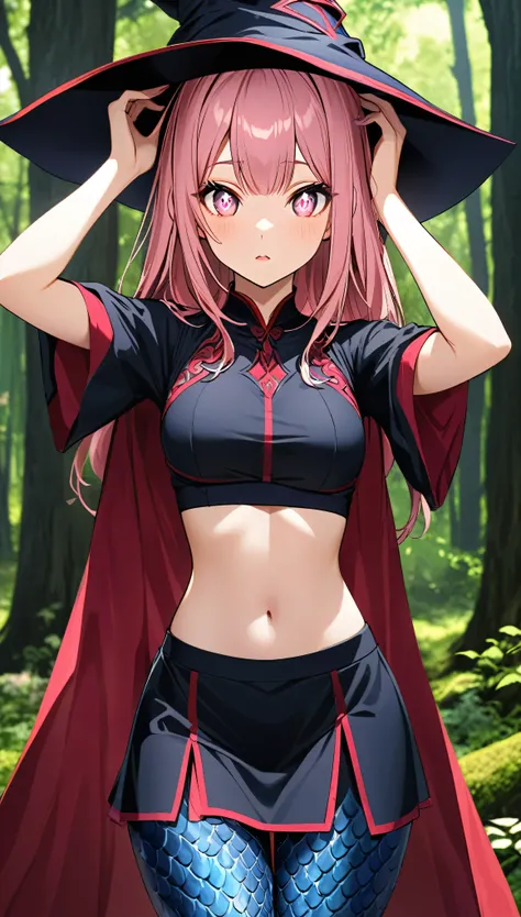 Dark blue Dragon fins on the sides of her head, blue dragon scales on random parts of her body, Anime girl, shoulder length pink hair, her eyes are black with glowing pink rings around her pupils, wearing a black and red wizard hat, an ornate black crop to...